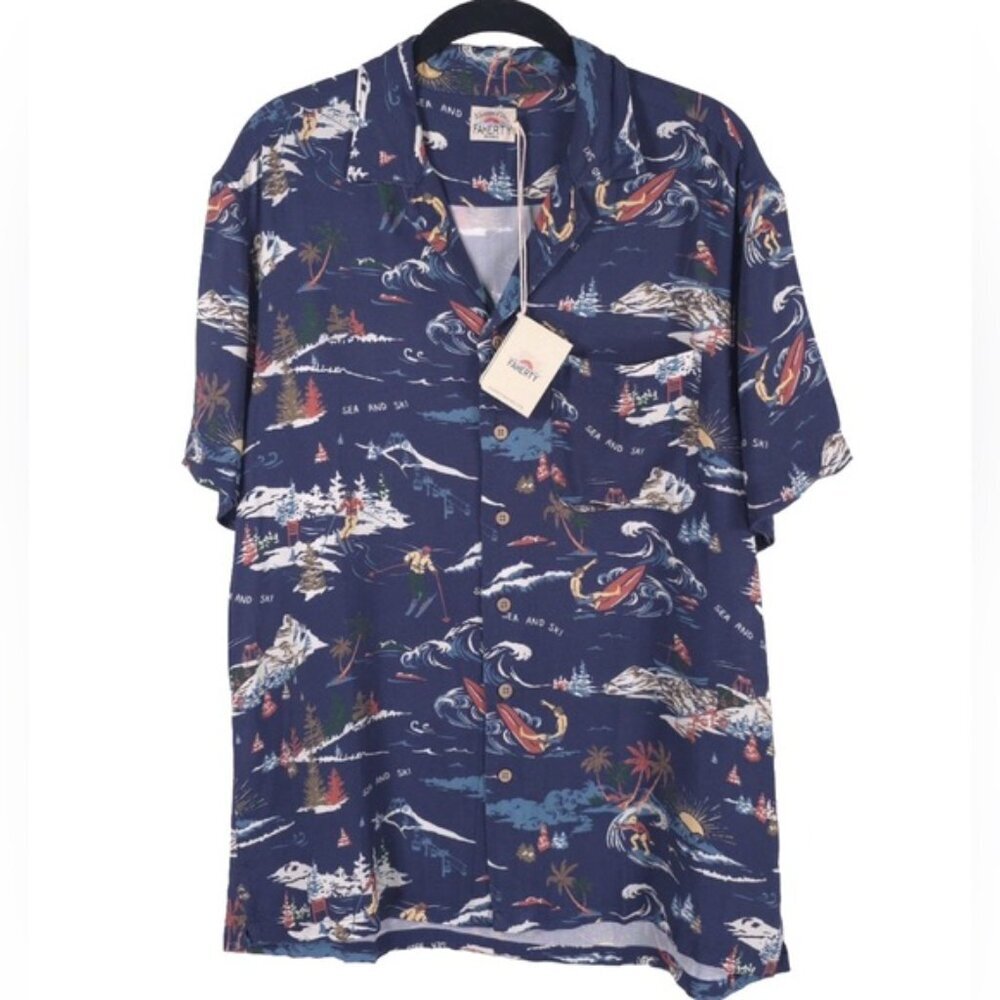 NWT FAHERTY SS Rayon‎ Camp Button up Shirt NTI-Navy SEA TO SKY MWH2316 SMALL